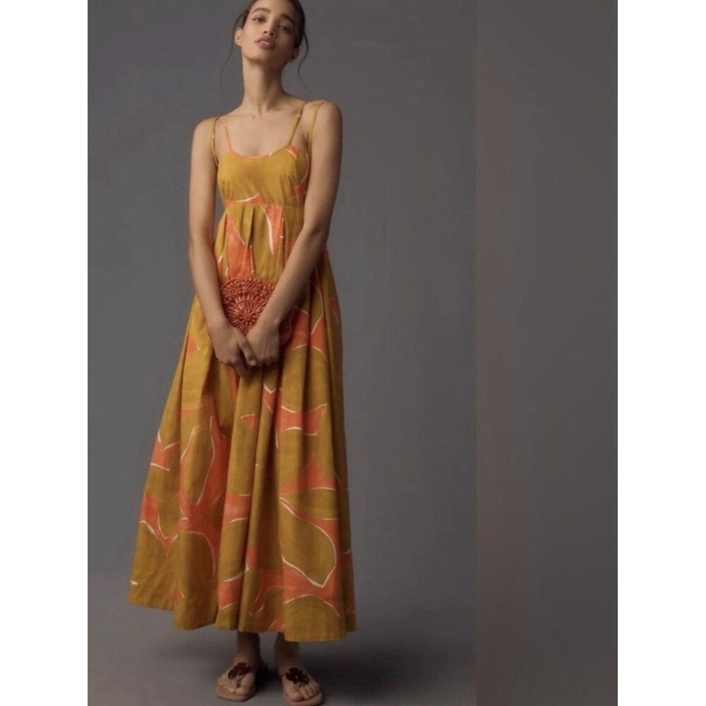 Anthropologie Babydoll Maxi Dress Coral And Gold Sz Md NWOT